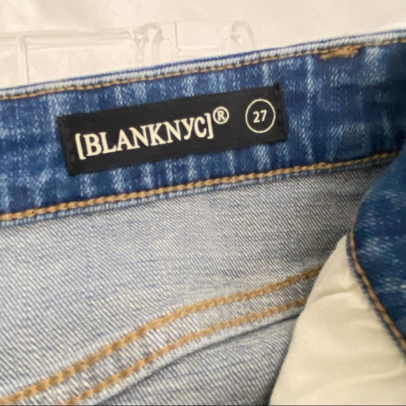 BLANK NYC Distressed Denim and Black Faux Leather Stretchy Mini Skirt Size: 27 - Picture 10 of 12